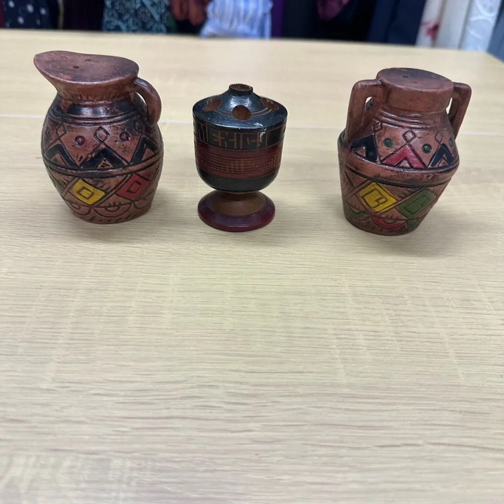 Native American Vintage Redware Salt and Pepper Shakers and Toothpick Holder EUC